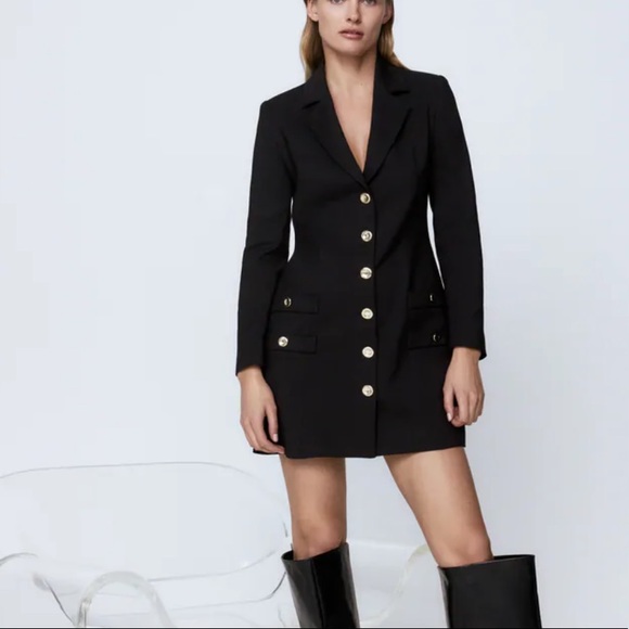 Zara Dresses & Skirts - Zara Gold Button Blk Blazer Mini Long Sleeve Dress